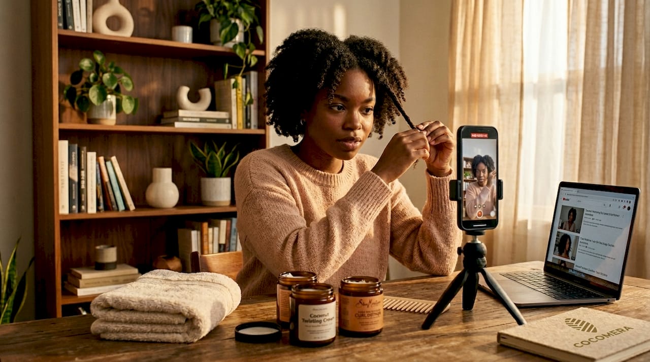 Woman filming natural hair tutorial in bedroom