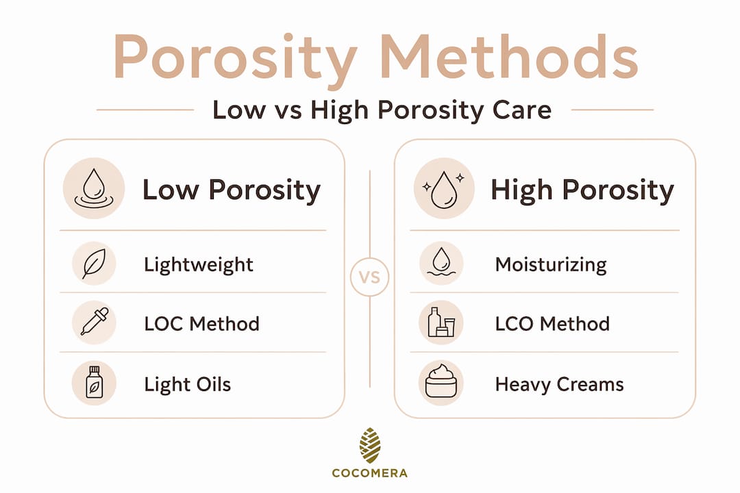 Infographic comparing low and high porosity hair routines