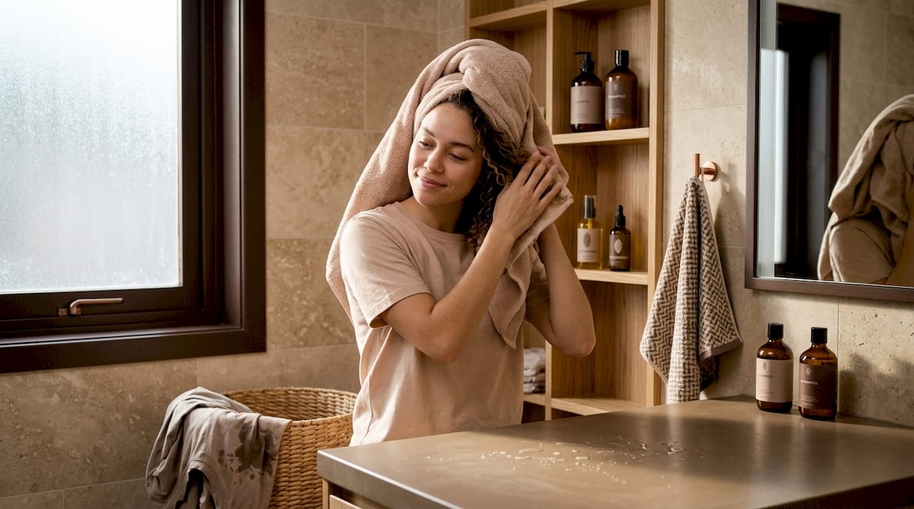 Person towel-drying hair before styling