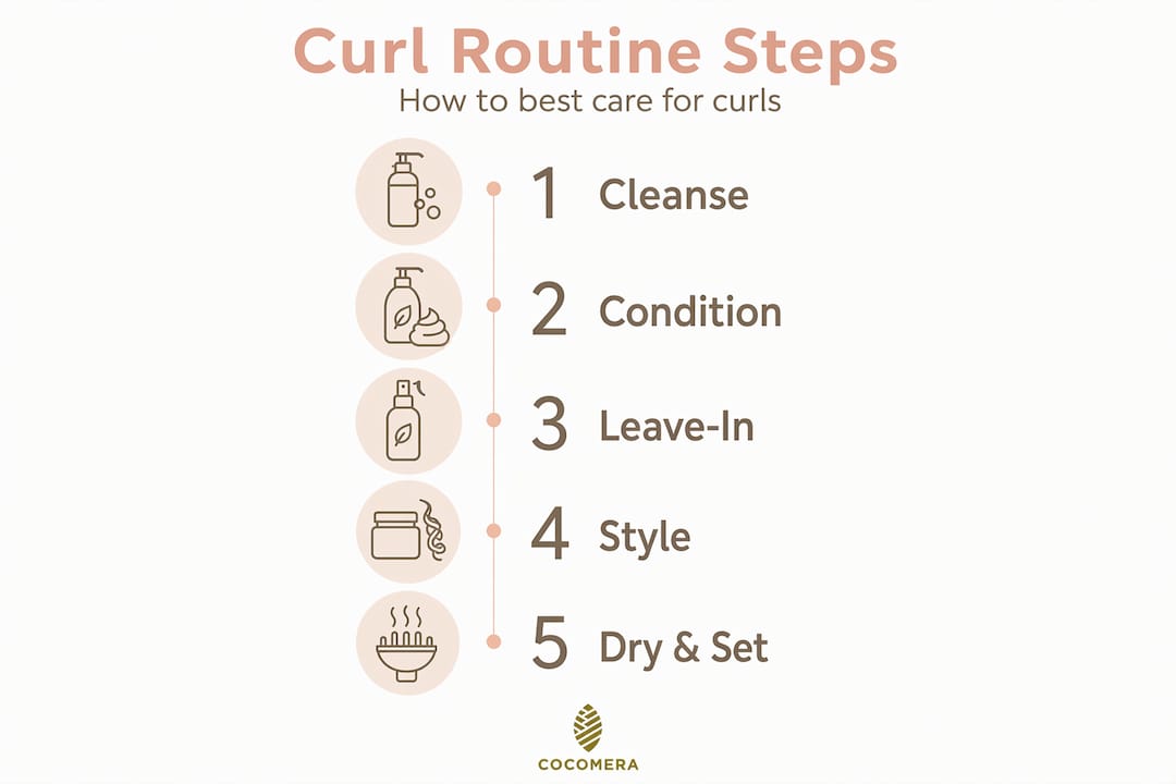 Infographic showing curl routine steps in order