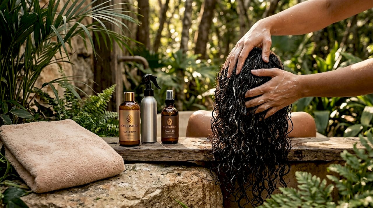 Hands layering curl products on wet hair strands