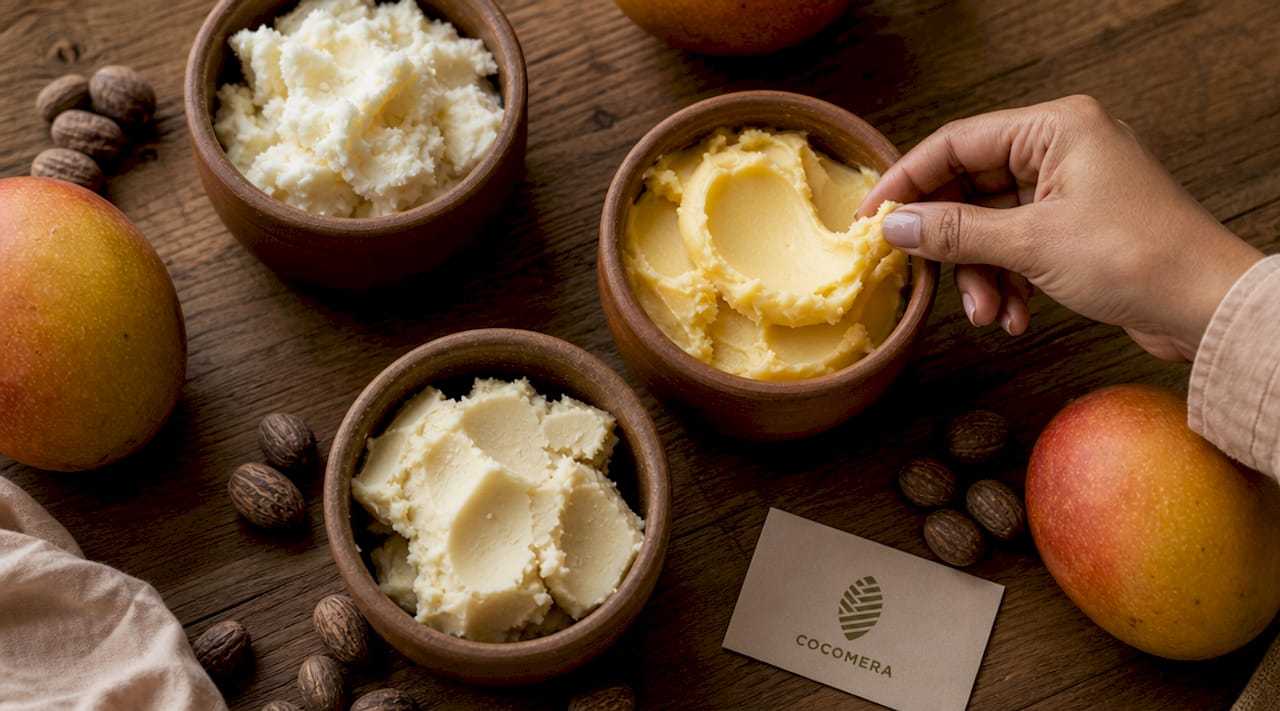 Close-up of natural hair butters and a hand scooping