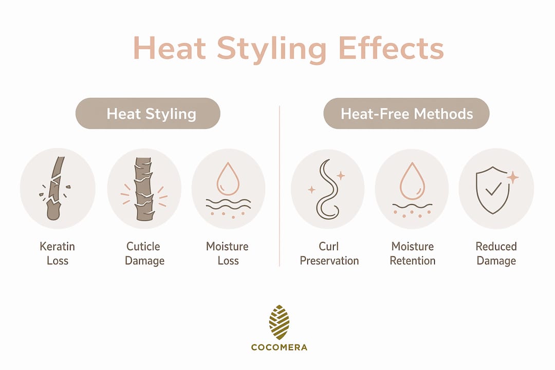 Infographic comparing heat styling damage and heat-free benefits