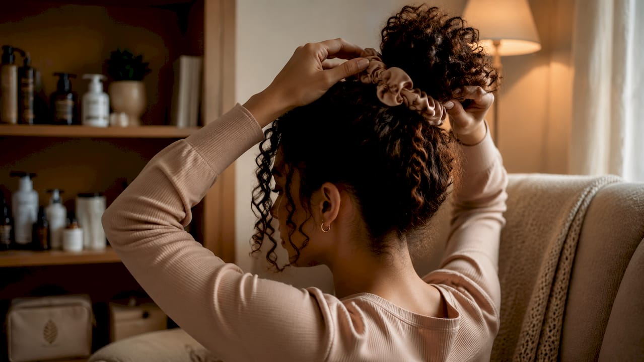 Hands securing curls with satin scrunchie