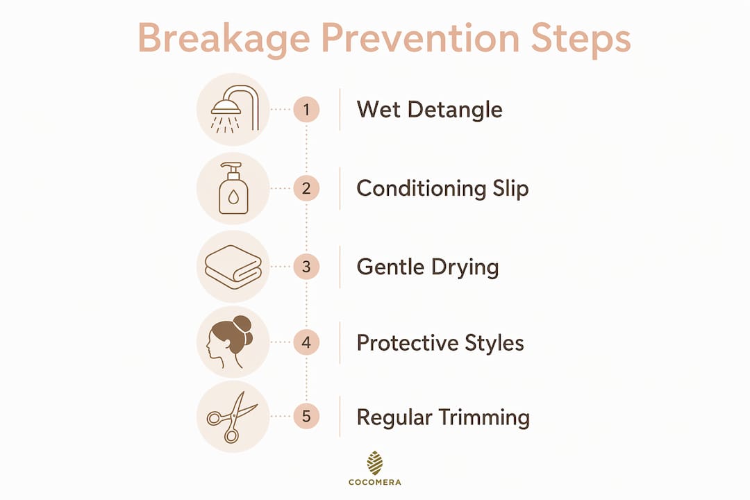 Infographic illustrating curly hair breakage prevention steps