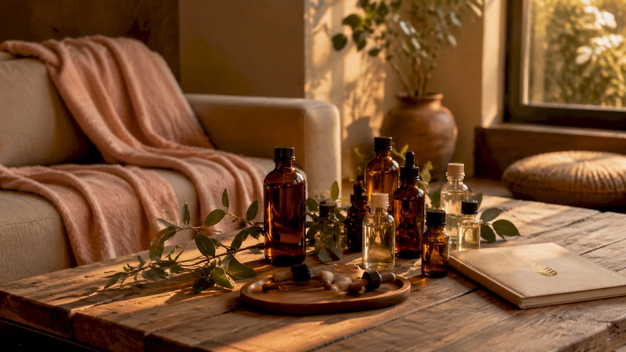 Bottles of carrier and essential scalp oils on vanity