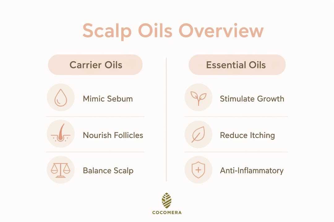 Infographic comparing carrier and essential scalp oils benefits