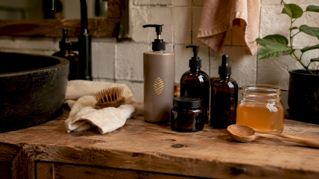 Clarifying shampoo bottles and natural products