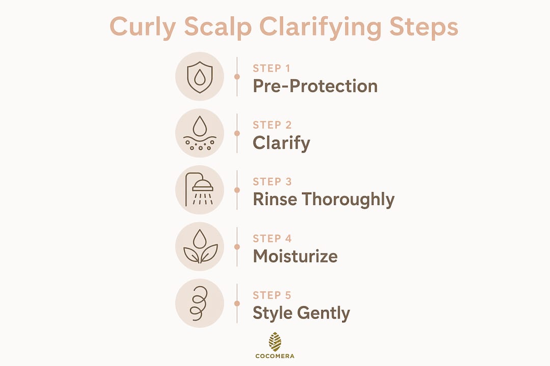 Infographic outlining steps to clarify curly scalp
