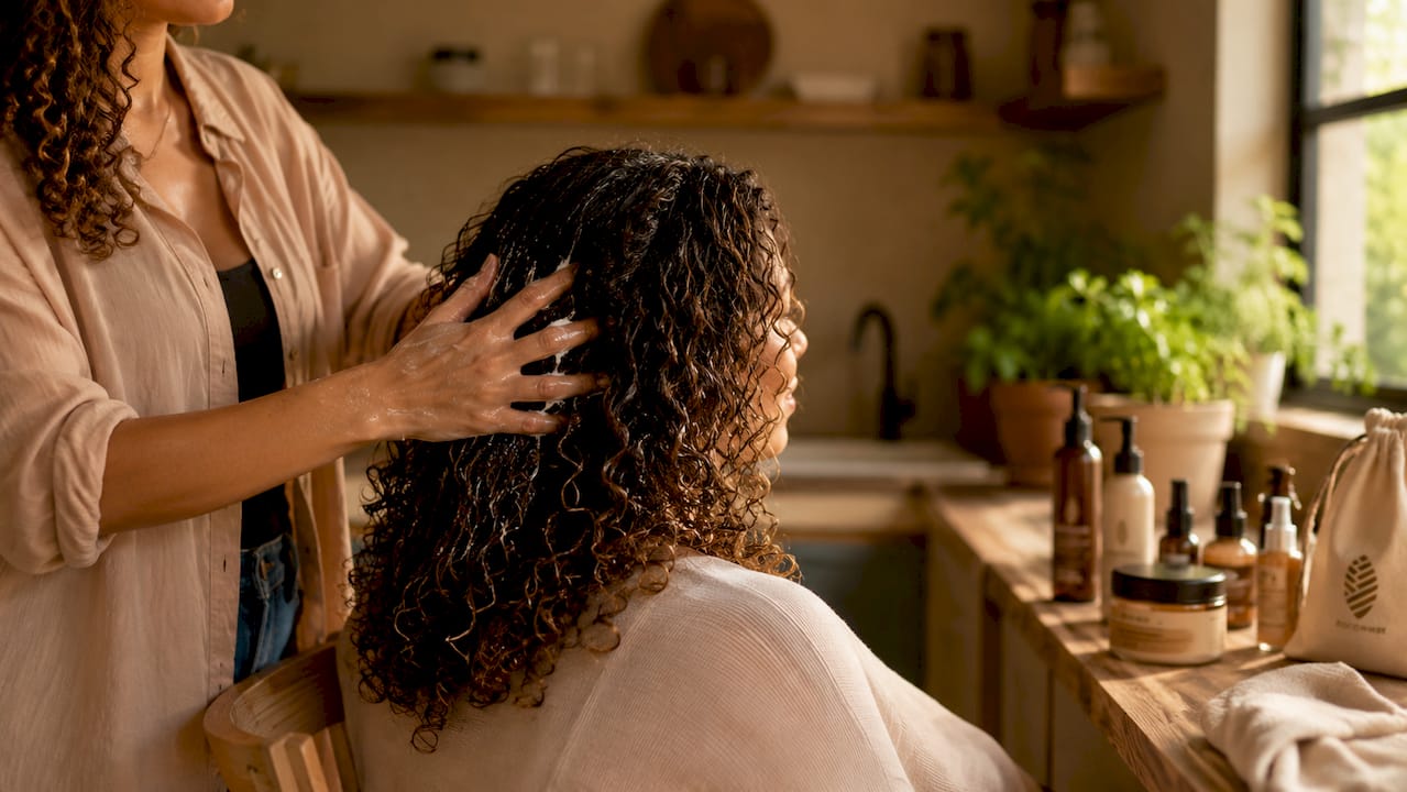 Hands applying gel to layered curls for definition