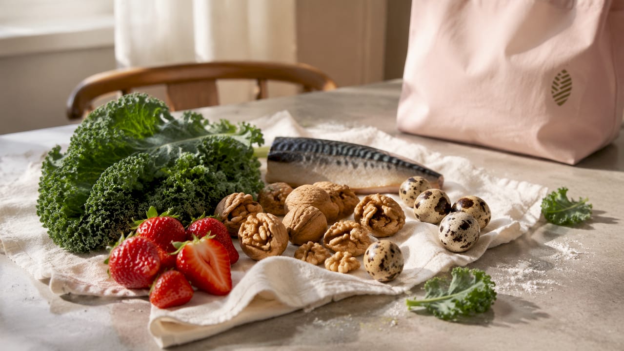 Flat lay of vitamin-rich foods for hair health