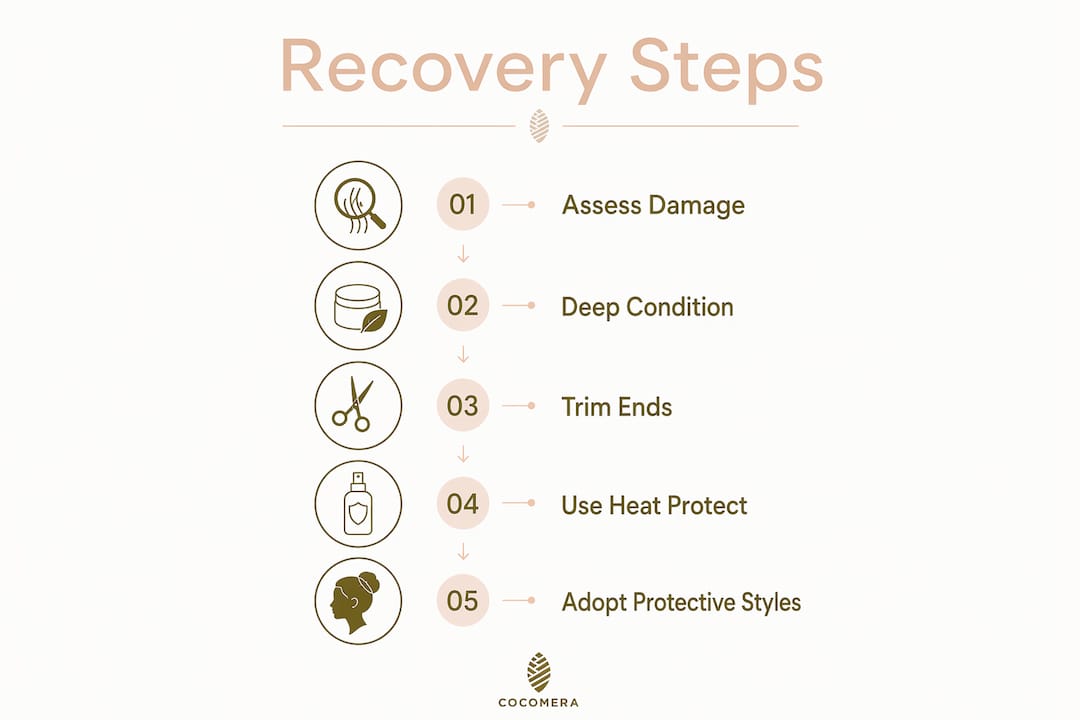 Infographic illustrating steps to recover heat damaged hair