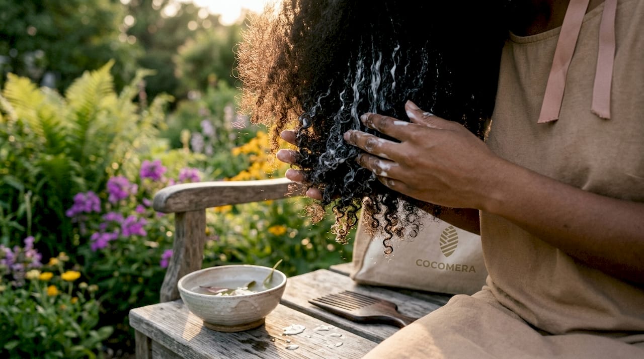 Hands applying conditioner to afro-textured hair close-up