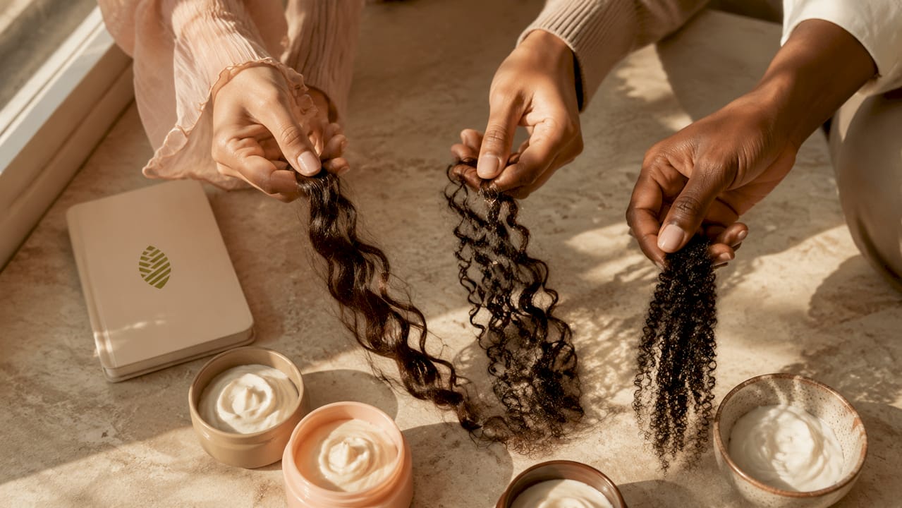 Hands showing different curl types with conditioners