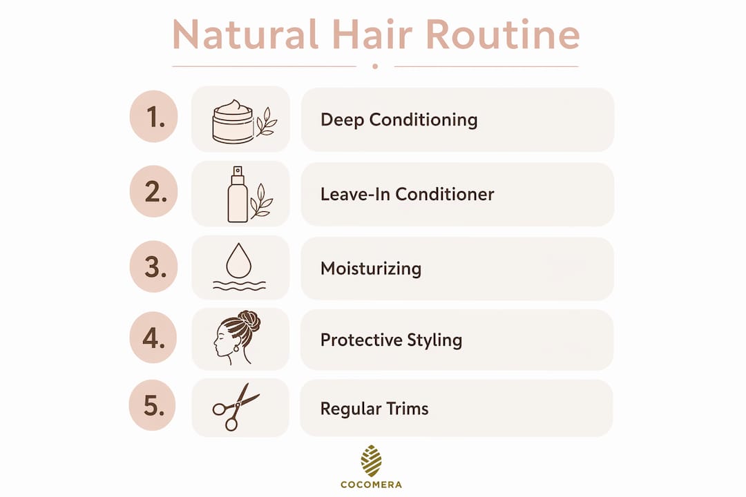 Infographic illustrating natural hair care routine steps