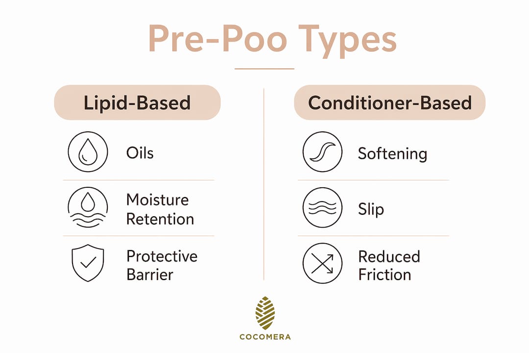 Infographic depicting lipid and conditioner-based pre-poo treatments
