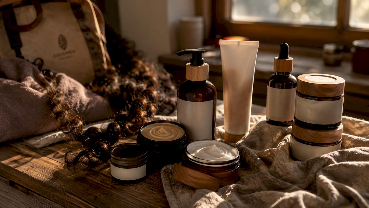 Close-up of heavy styling products on vanity with curly hair strands