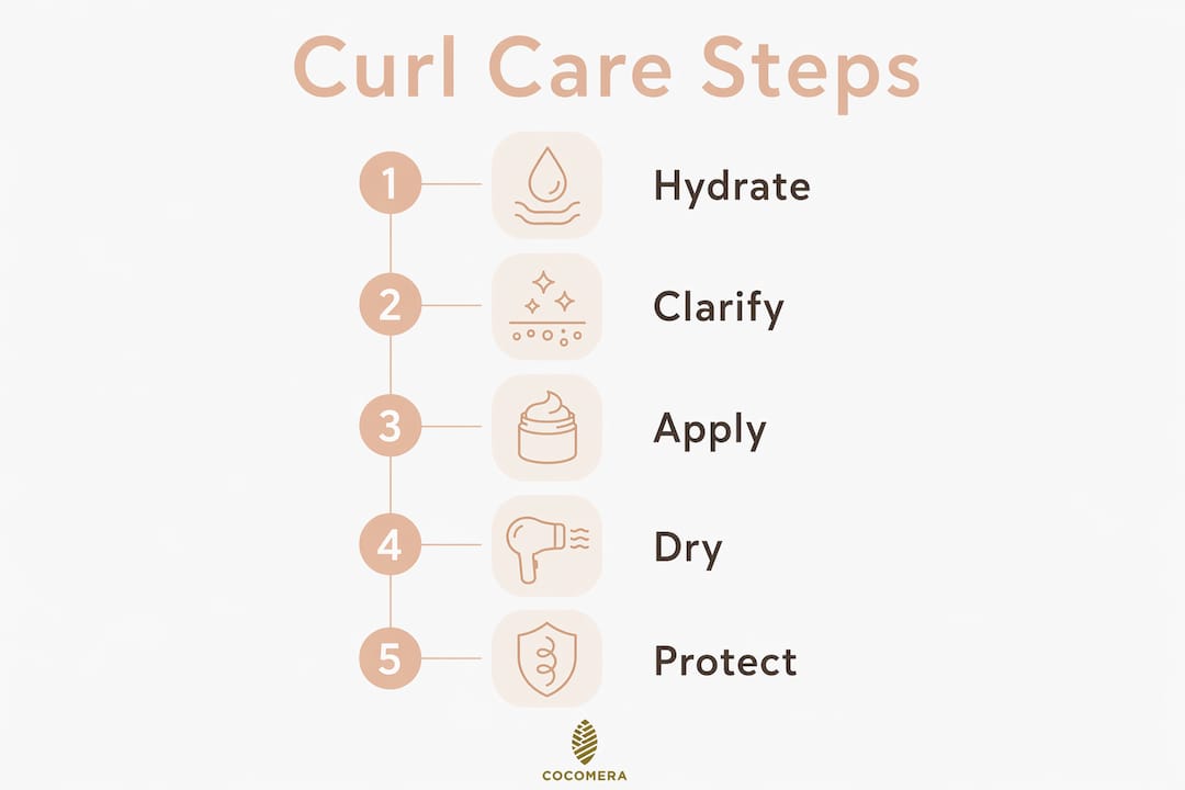 Infographic showing five key steps to maintain curl definition