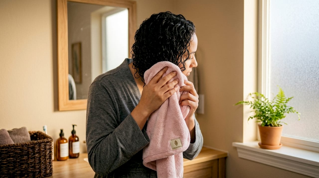 Hands wrapping curly hair with microfiber towel