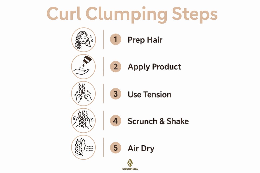 Infographic illustrating steps for curl clumping technique