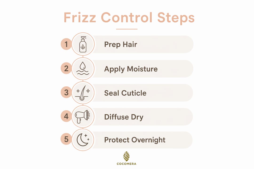 Infographic illustrating steps to control curly hair frizz