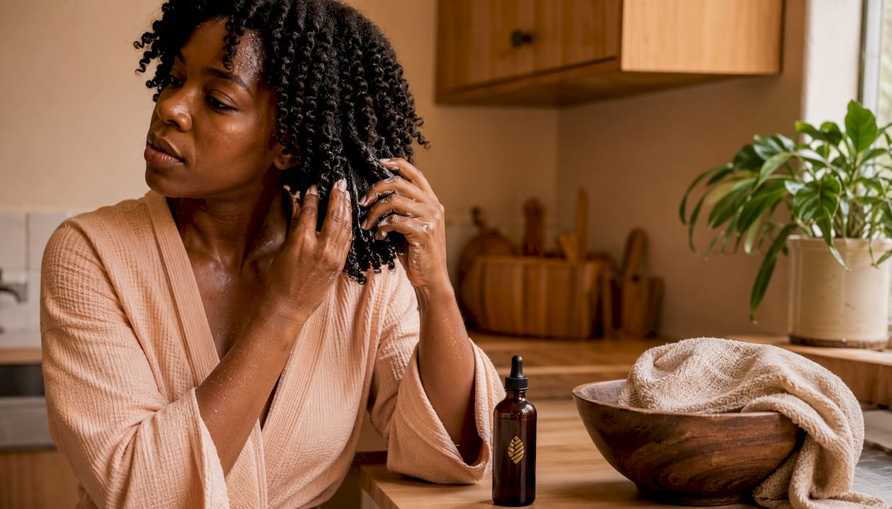 Close-up of hands applying oil to twist out curls in bathroom