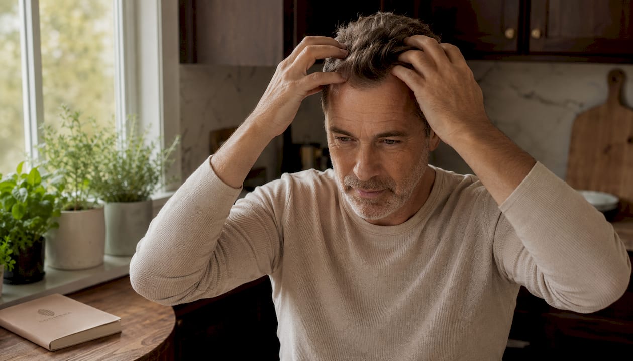 Man exfoliating scalp with fingertips