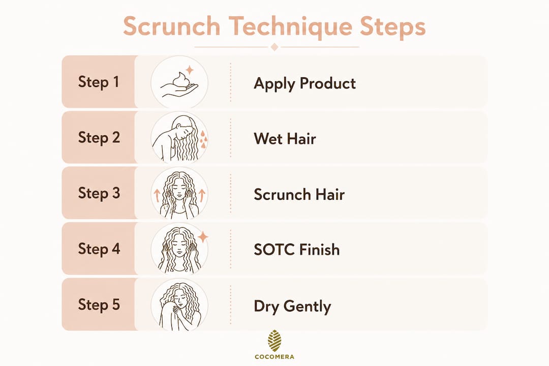 Infographic showing scrunch technique steps