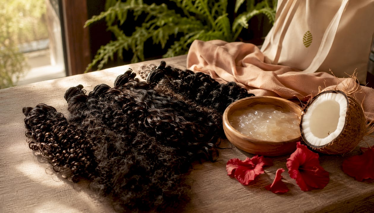 Close-up of natural ingredients with curly hair textures