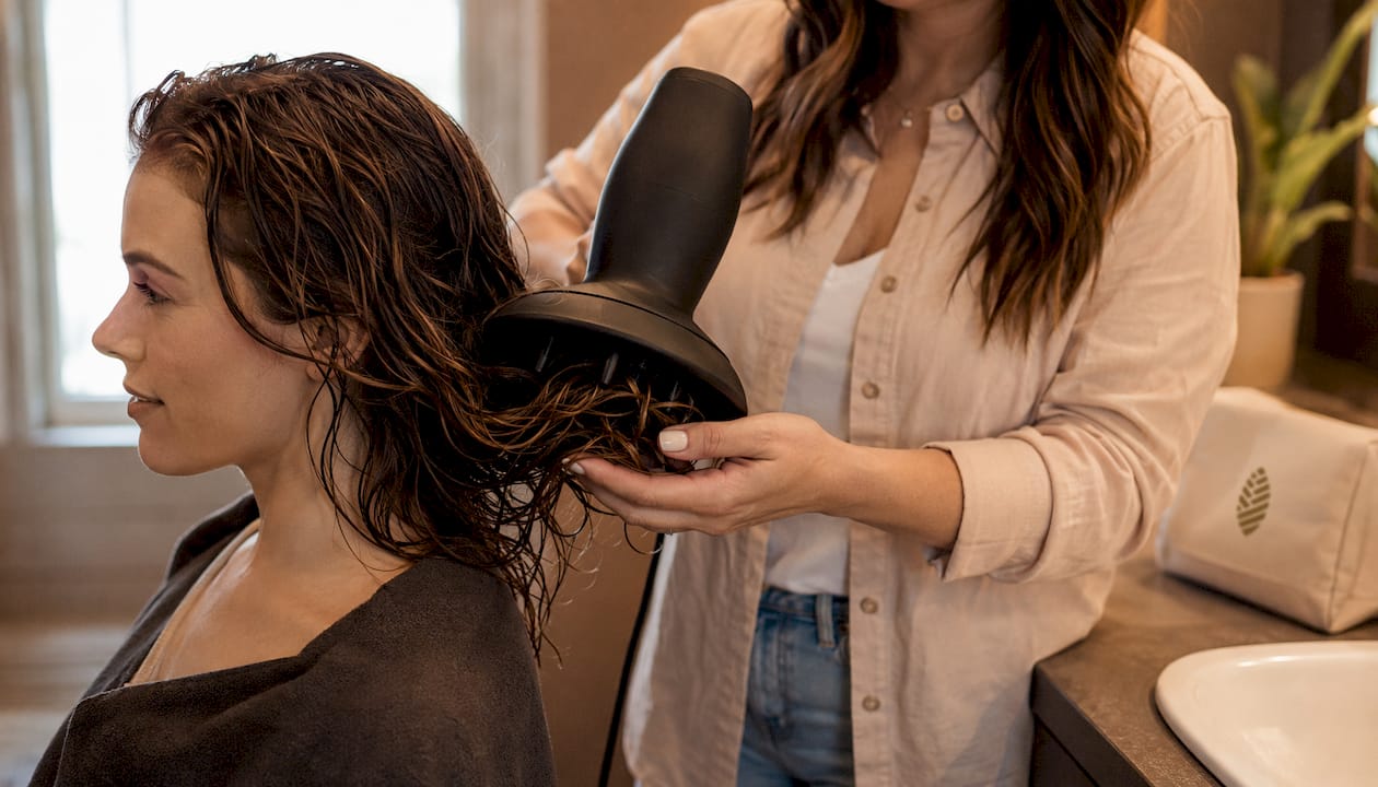Stylist demonstrating diffuser technique on wavy hair