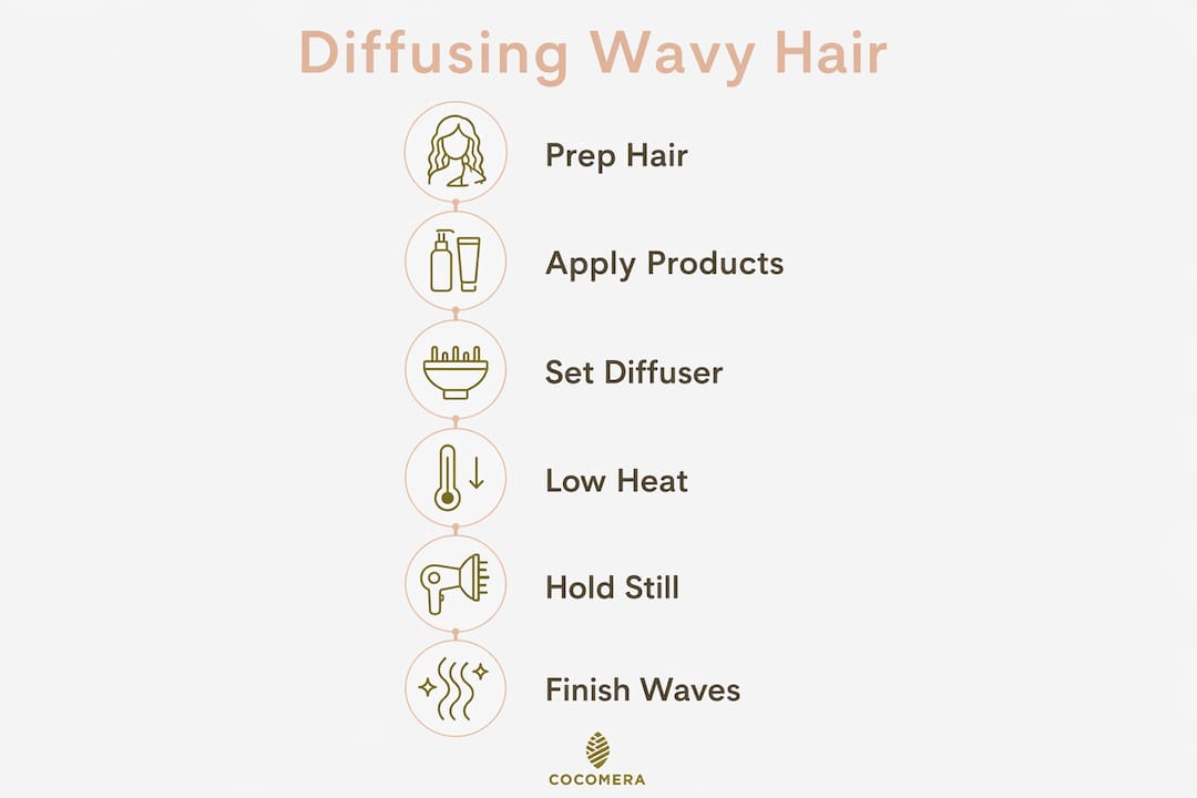 Infographic showing steps to diffuse wavy hair
