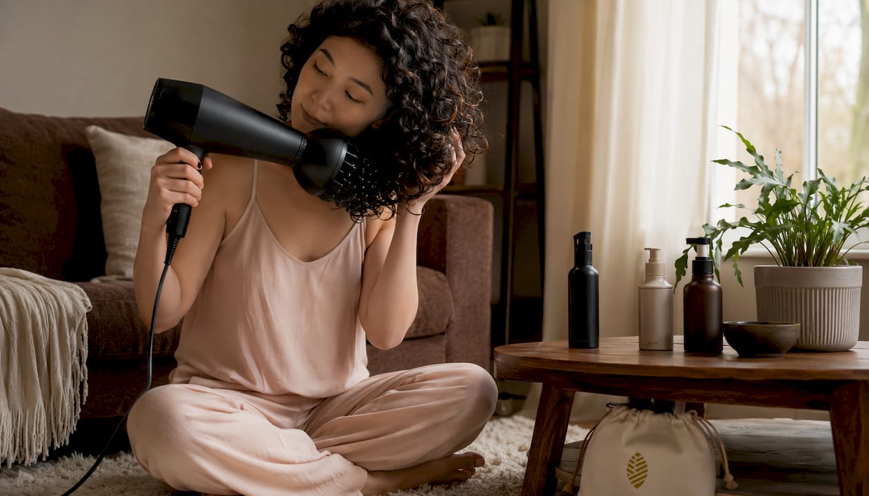 Woman diffusing coily hair indoors