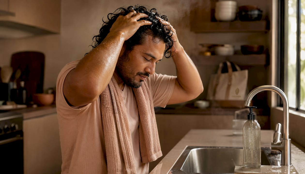 Man shampooing curly hair in shower