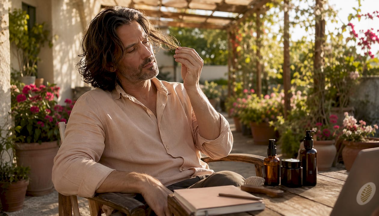 Man inspecting hair strand at home desk