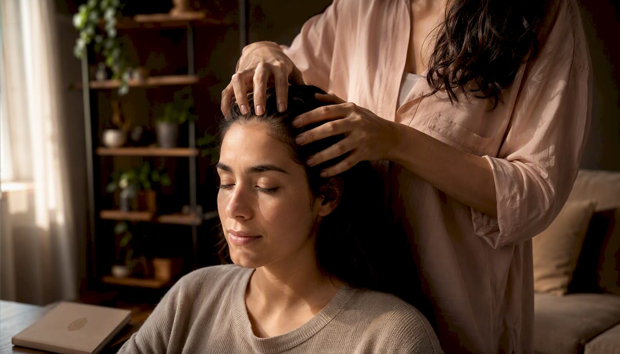 Hands massaging front scalp zones