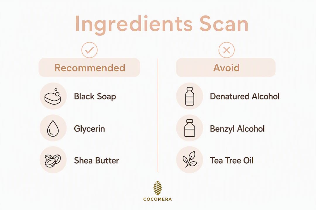 Infographic contrasting recommended vs. avoid ingredients in black soap moisturizer