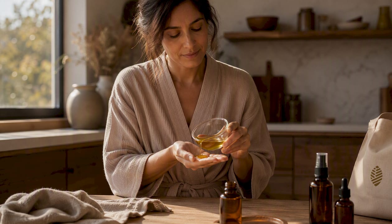 Woman pouring argan oil into hand at bathroom sink