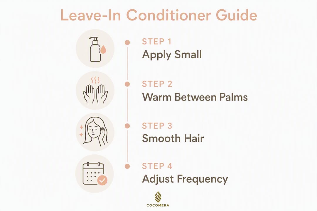 Infographic with four steps to use leave-in conditioner