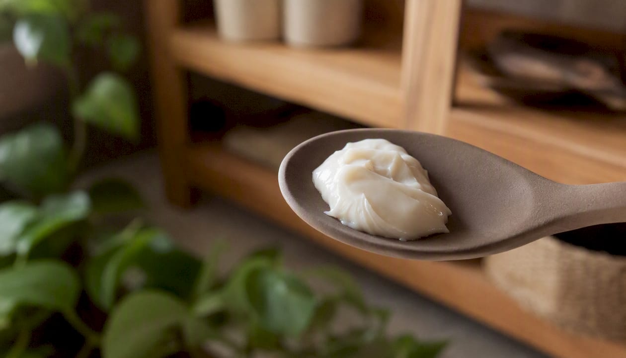 Close-up of creamy conditioner texture on spatula
