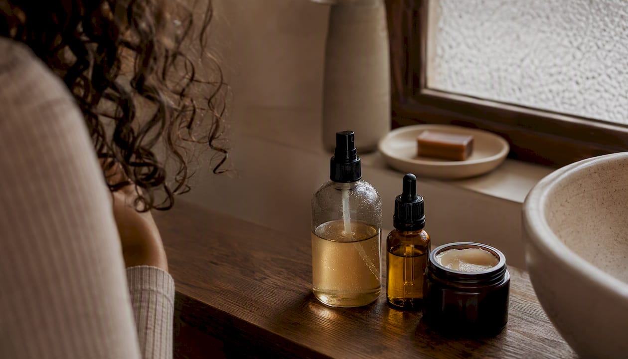 Open containers of liquid, oil, and cream for curls