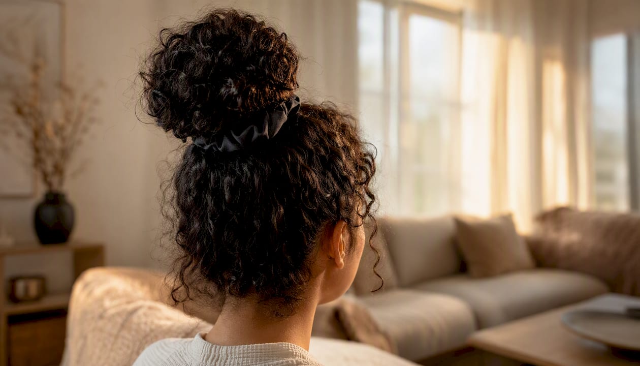 Satin scrunchie holding pineapple hairstyle