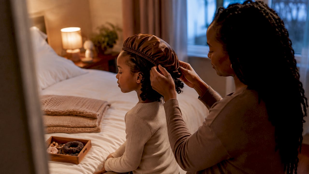 Parent settling bonnet over child's protective style