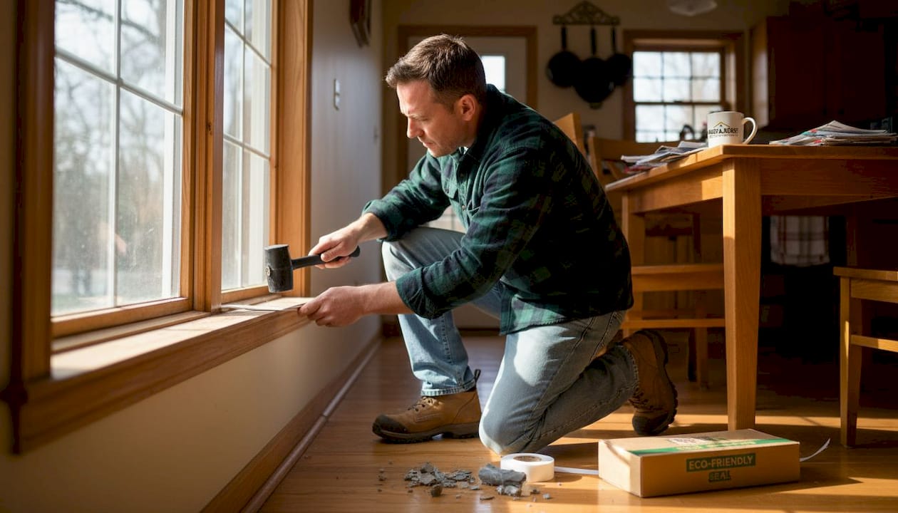 Contractor installs weatherstripping on window