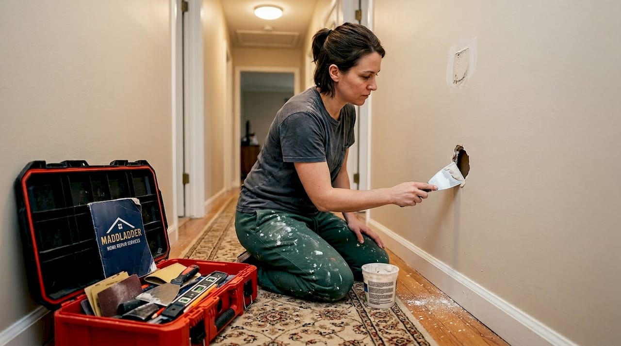 Homeowner repairing medium drywall hole with taping knife