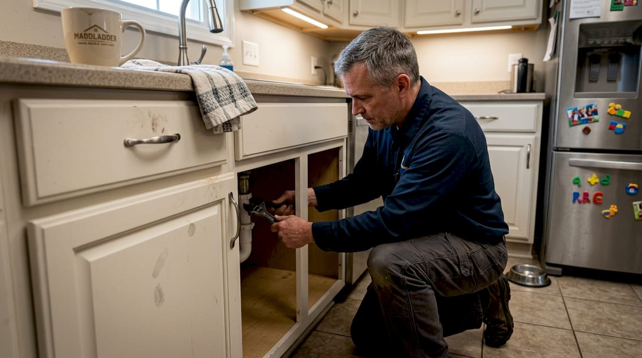 Handyman fixing kitchen sink pipe leak