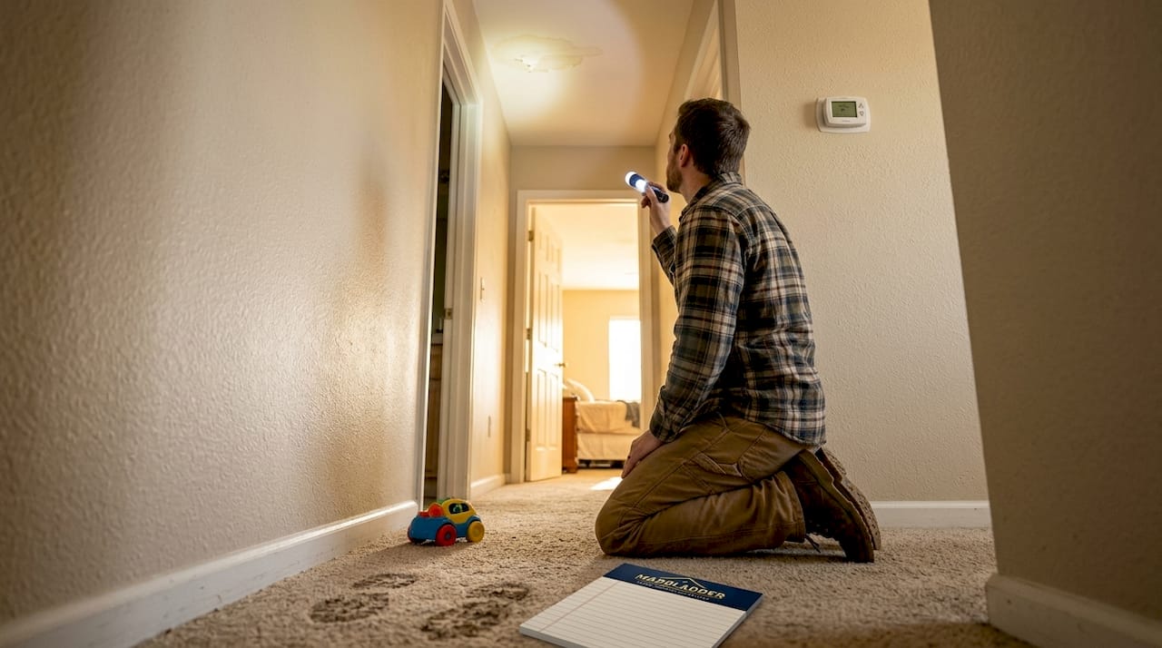 Homeowner inspecting water stain in hallway
