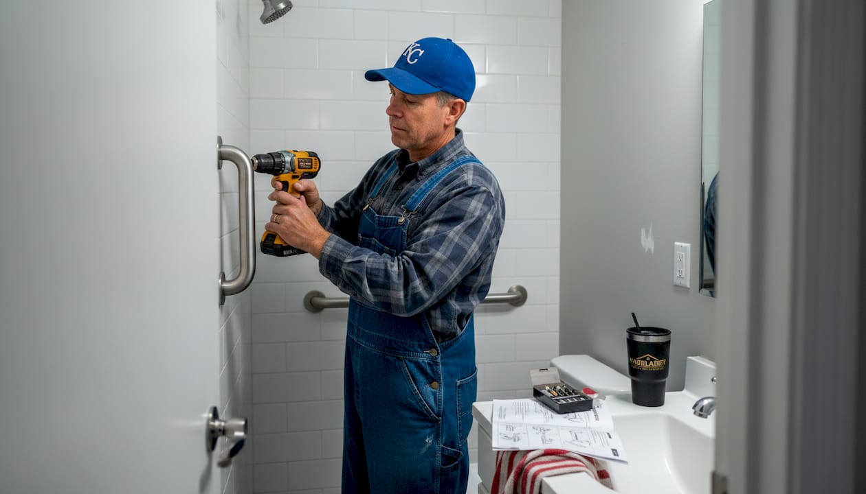 Handyman installing bathroom grab bar with tools