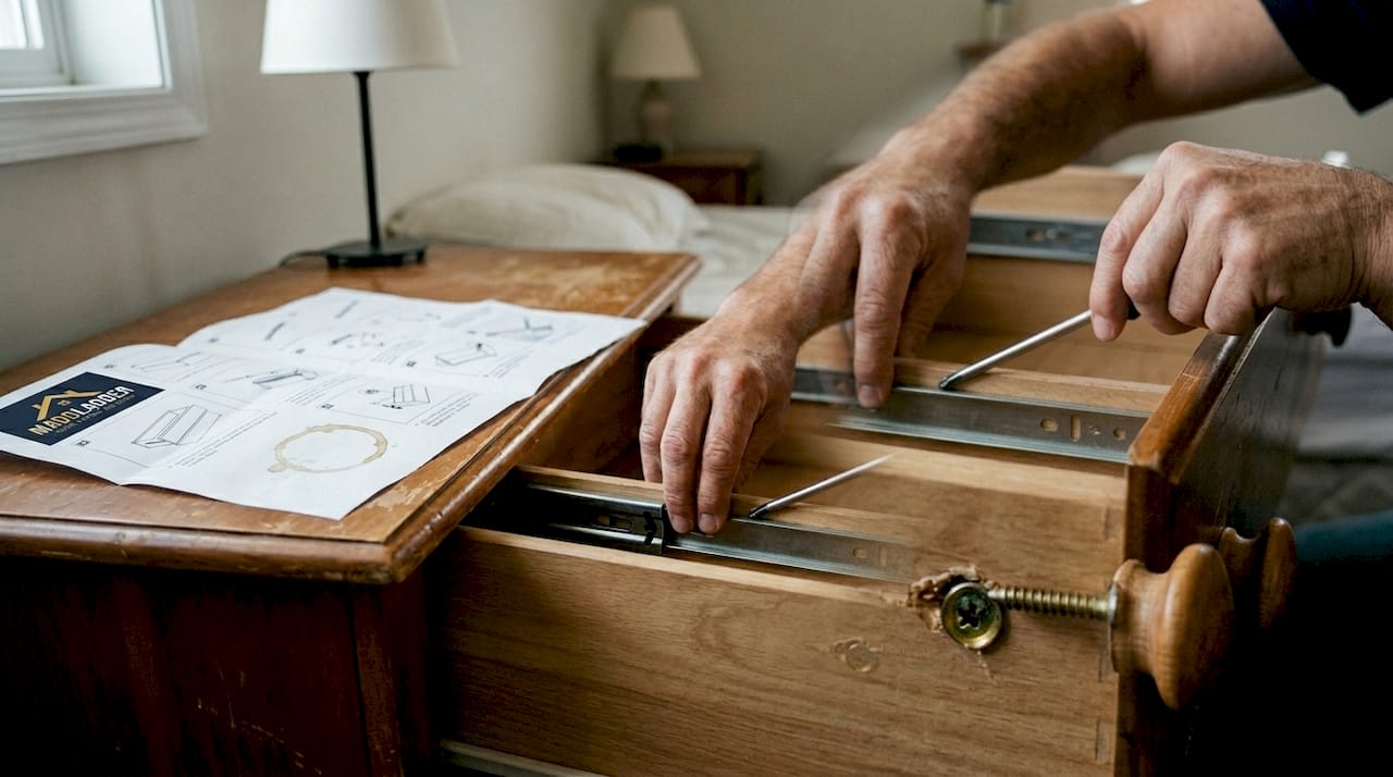 Closeup of furniture assembly mistake and fixer’s hands