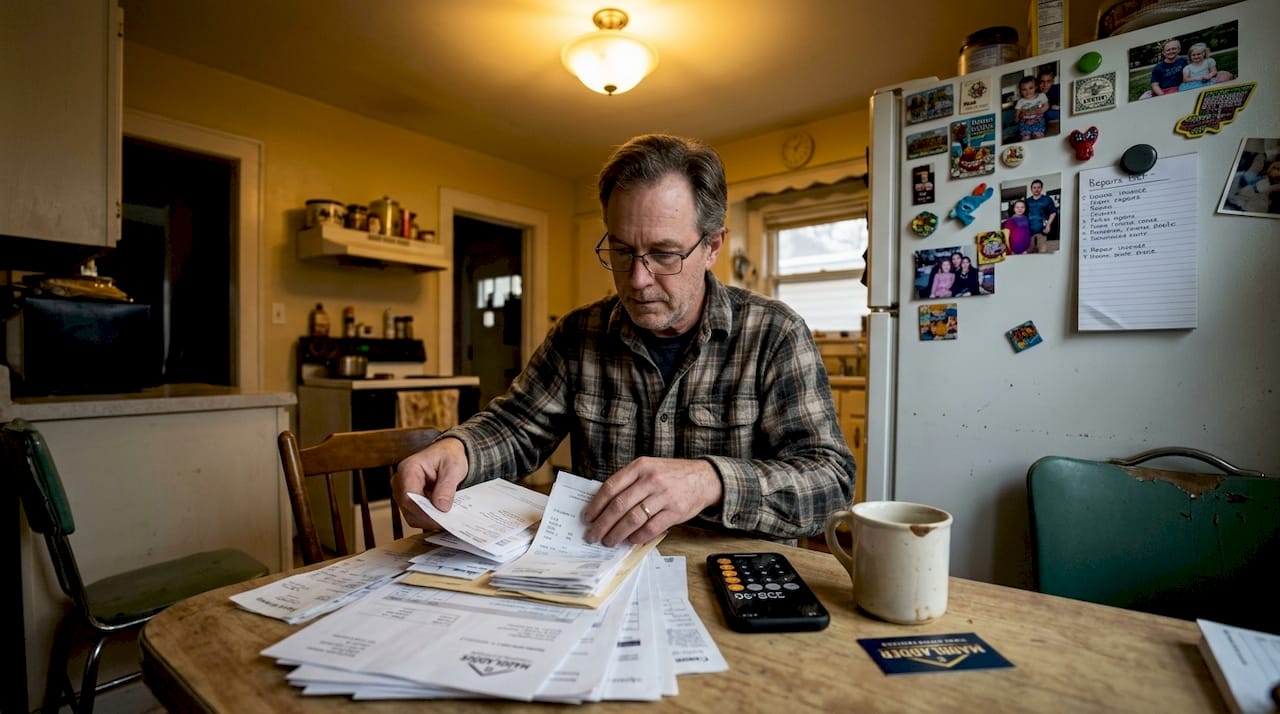 Man sorting home repair bills at kitchen table