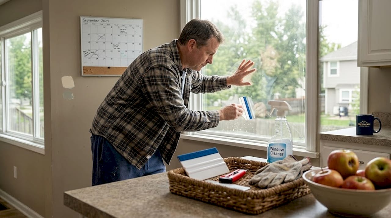 Man installing security film on kitchen window